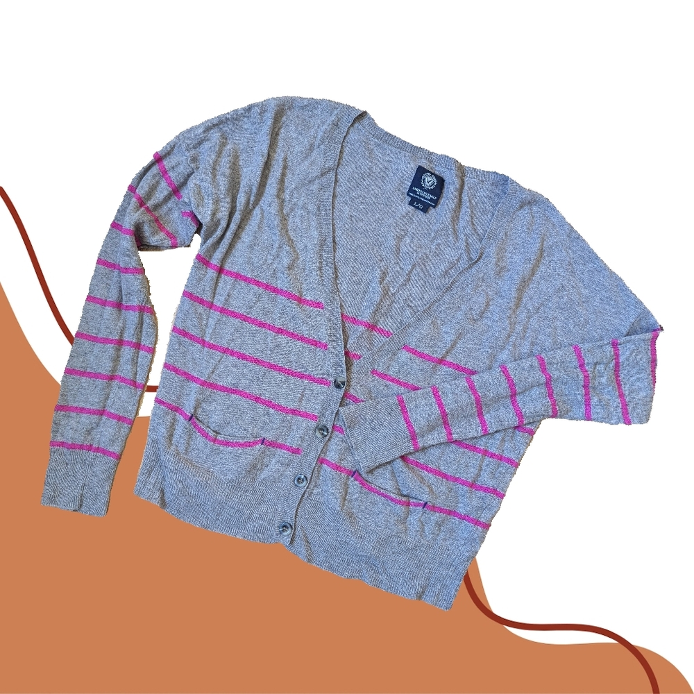 AEO Pink + Brown Striped Pocket Cardigan